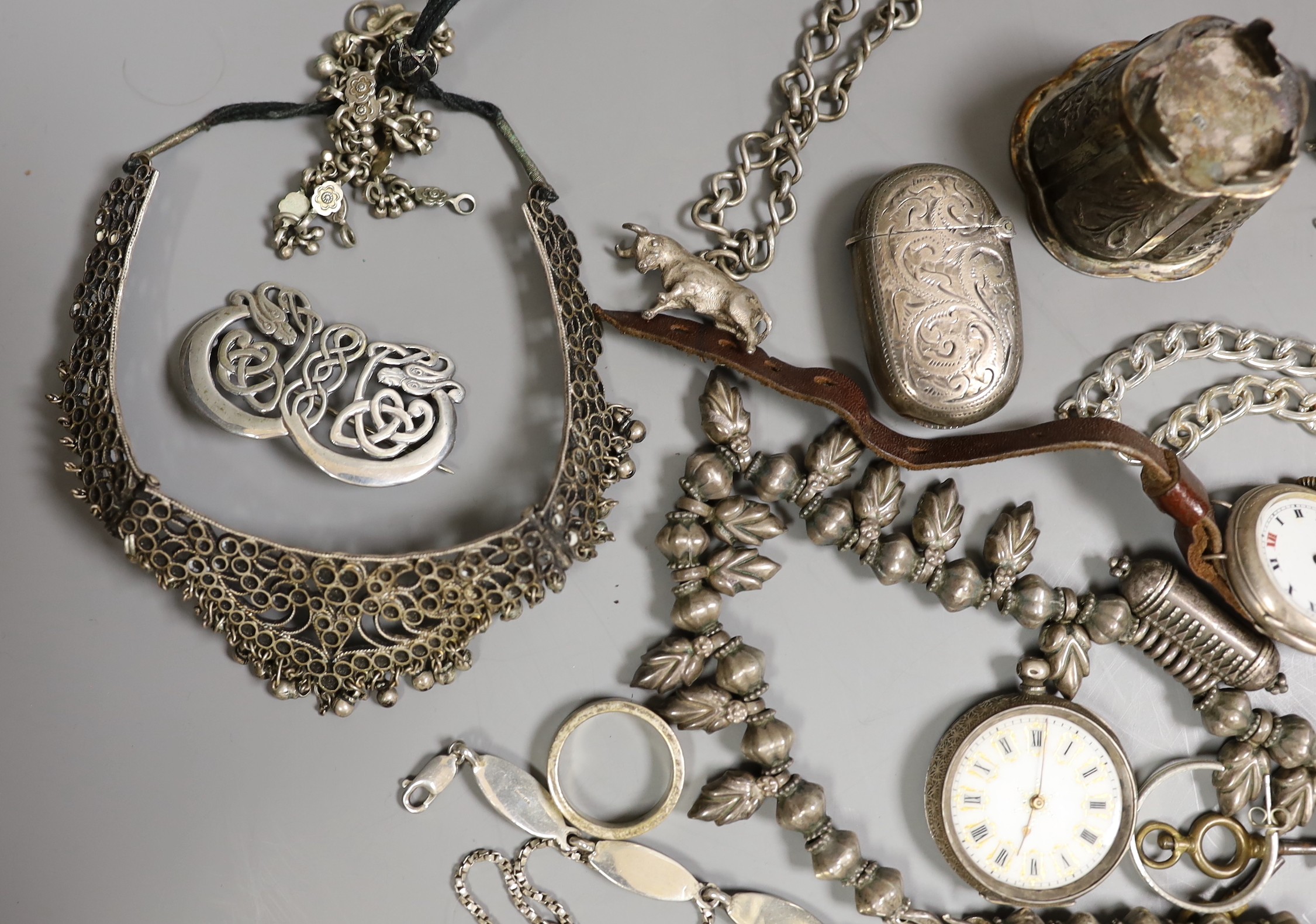 Assorted mainly silver and white metal jewellery, including vesta case, a Chinese white metal salt, a white metal propelling pencil modelled as a pig, two fob watches and a wrist watch, bracelet chains, a plated guitar b